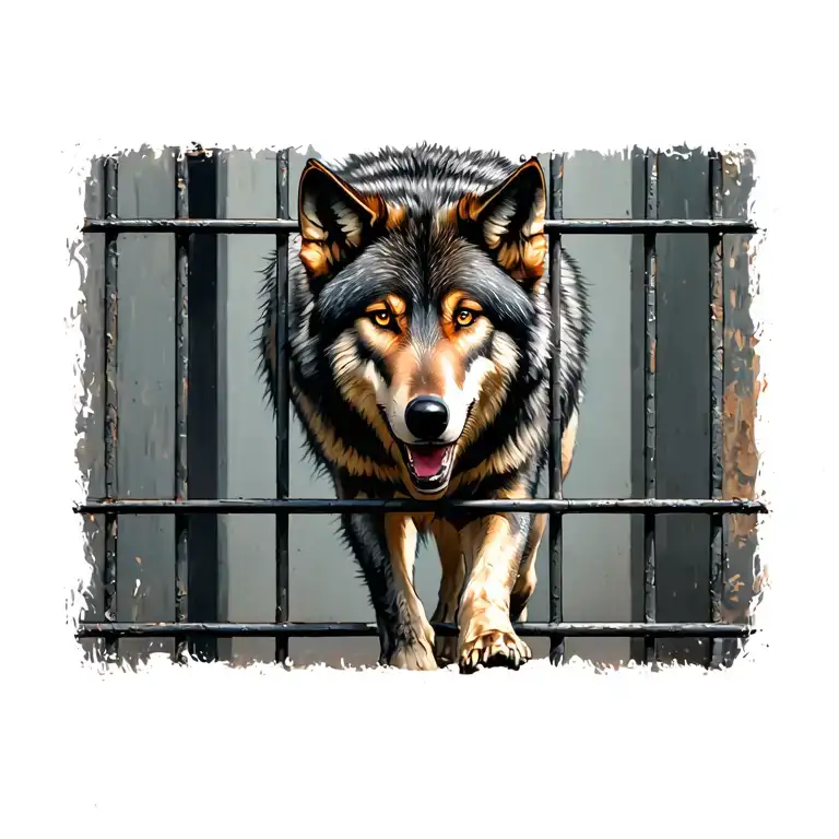 Wolf Walking Through Jail Cell With Bars