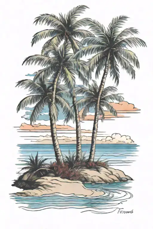 Beach Shore With Palm Trees With Red Blue Sky