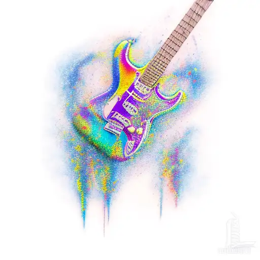A Realistic Tattoo Of A Fender Stratocaster Guitar With Vibrant Colors And Intricate Details