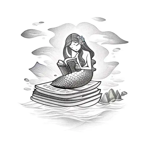 A Mermaid Reading A Book On A Rock In The Middle Of The Ocean
