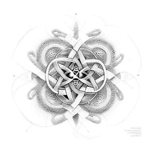 A Dotwork Design Of A Musical Instrument Intertwined With Religious Symbols