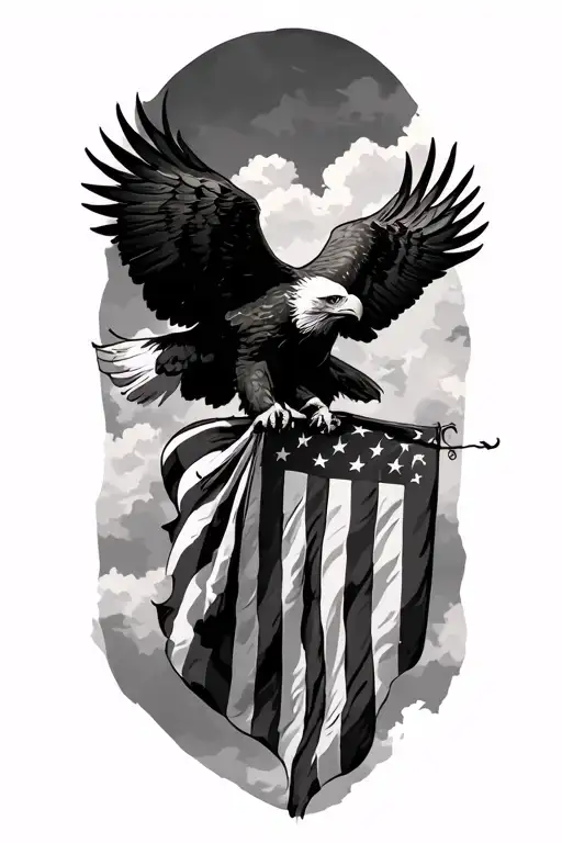 Blackshadow Eagle In Sky With Us Flag Hanging Down