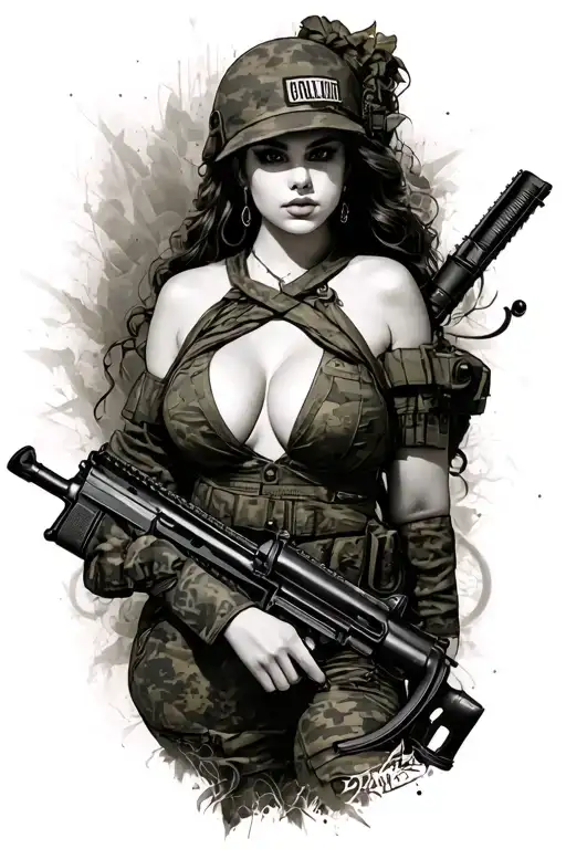 Full Body Army Pin Up Girl Black And Grey