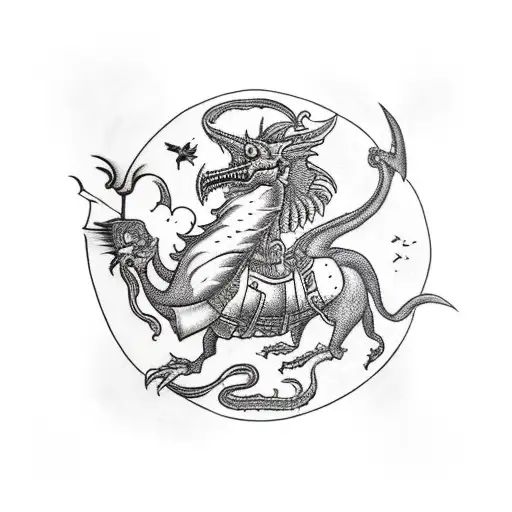 A Blackwork Tattoo Of Saint George Killing A Dragon With Birds Flying