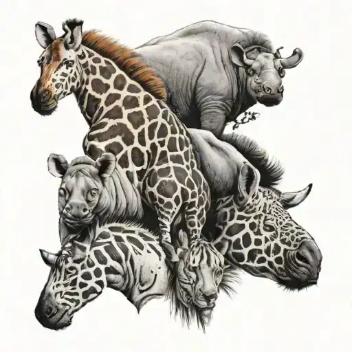 Giraffe And Rhino And Cheetah And Penguin And Orangutan