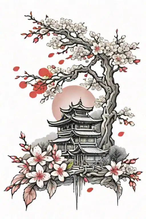 Japanese Village Red Sun Cherry Blossom Petals Falling