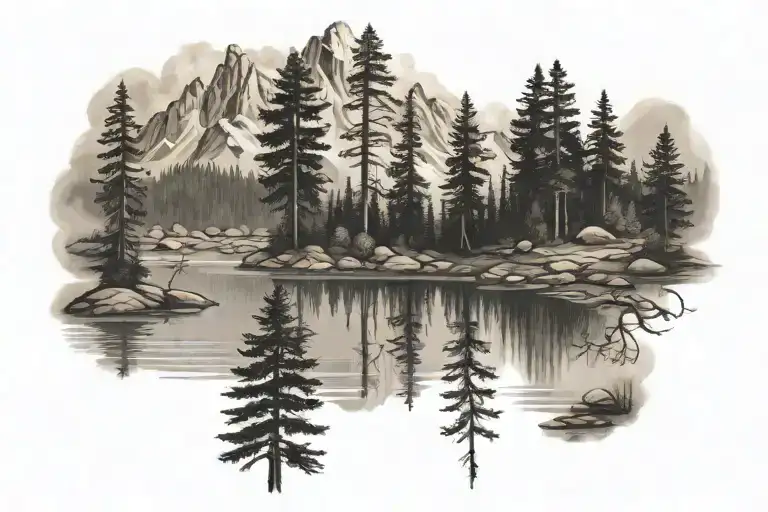 Mountain Trees Lake Scene