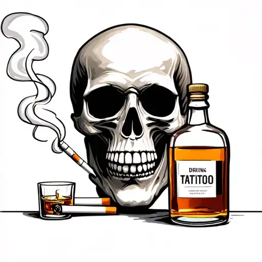 Skull Smoking Cigarettes And Drinking Whiskey Bottle