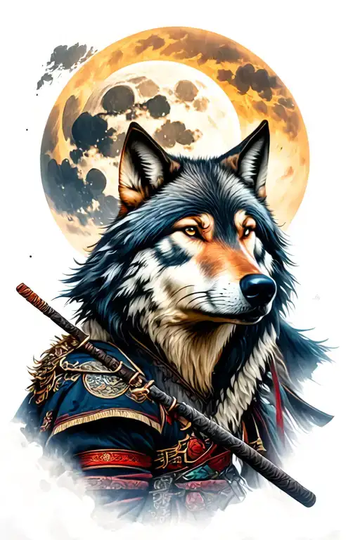 Samurai And Wolf And Moon Surrounded
