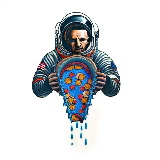 A Man In Space Holding A Pizza