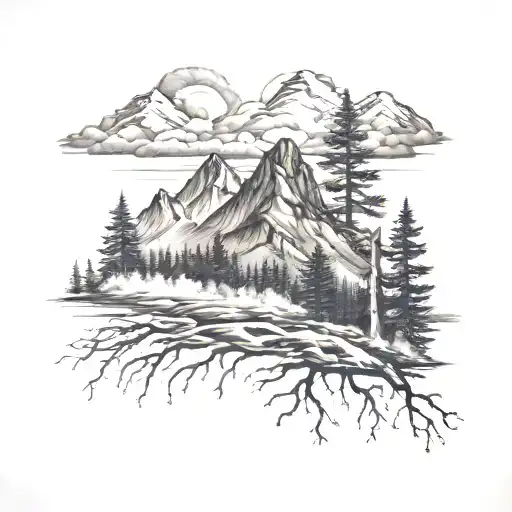 Mountain Range And Treeline Sleeve Tattoo Design