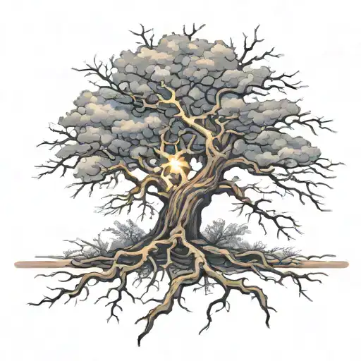 Lightning Bolt Running Through Tree With Roots