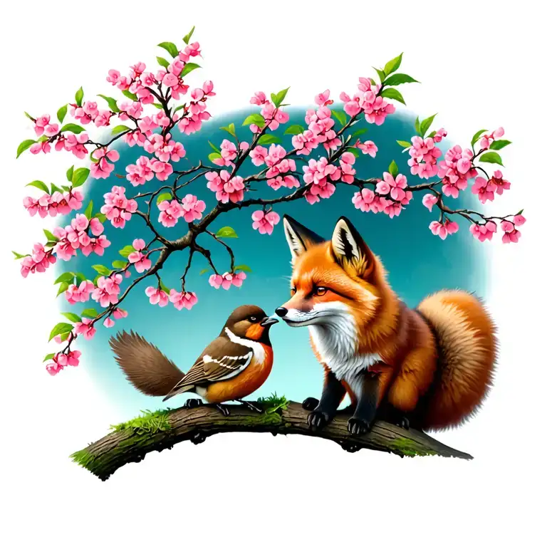 Fox And Bird Playing Together Under A Cherry Tree With Innishles Of Mjc