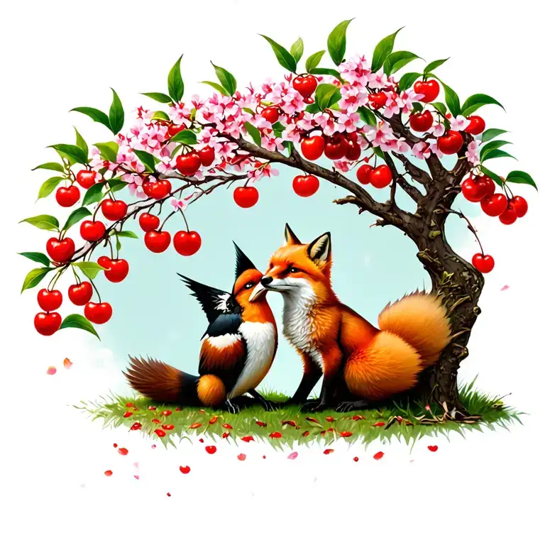 Fox And Bird Playing Together Under A Cherry Tree With Innishles Of Mjc With Big Red Cherrys