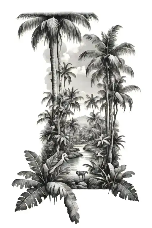 Jungle Setting With Palm Trees Animals Black And Grey