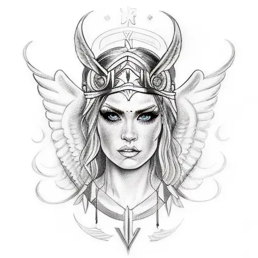 Valkyrie Portrait With Norse Style Tattoos Wearing A Winged Diadem