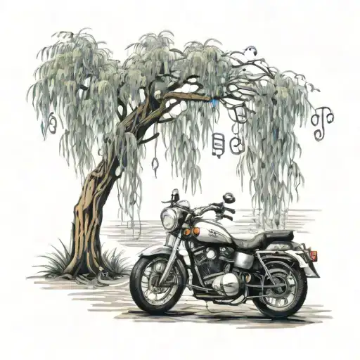 A Weeping Willow Tree With Musical Notes Floating In The Wind And A Motorcycle Parked Underneath