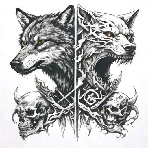 Wolf Head And Wolf Skull Growing At Each Other Above A Battlefield With Vikings