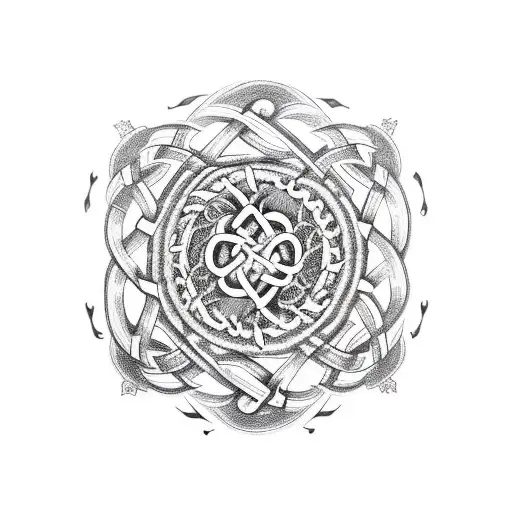 Nordic Knotwork Around Vegvisir Depicting A Nordic Dragon In A Blackwork Style