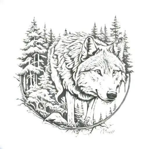 Wolf In Forrest Scene