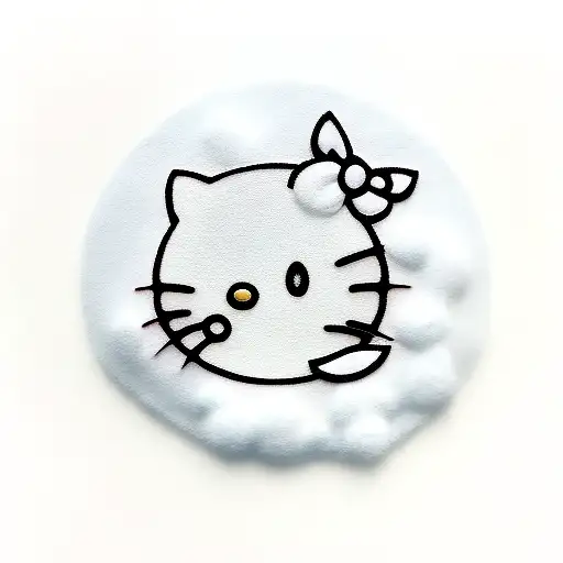 Realistic Depiction Of Hello Kitty Sitting On A Cloud Made Of Cotton Candy