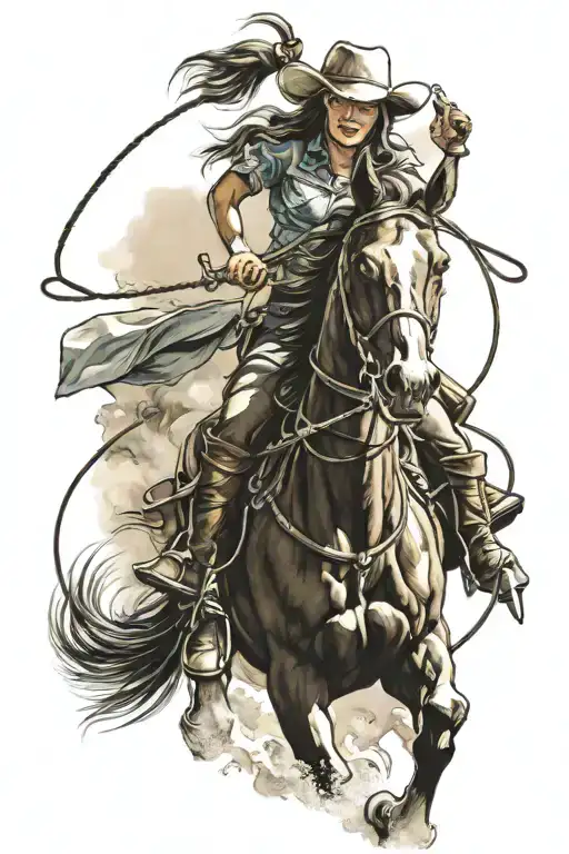 Cowgirl On A Horse Roping A Calf