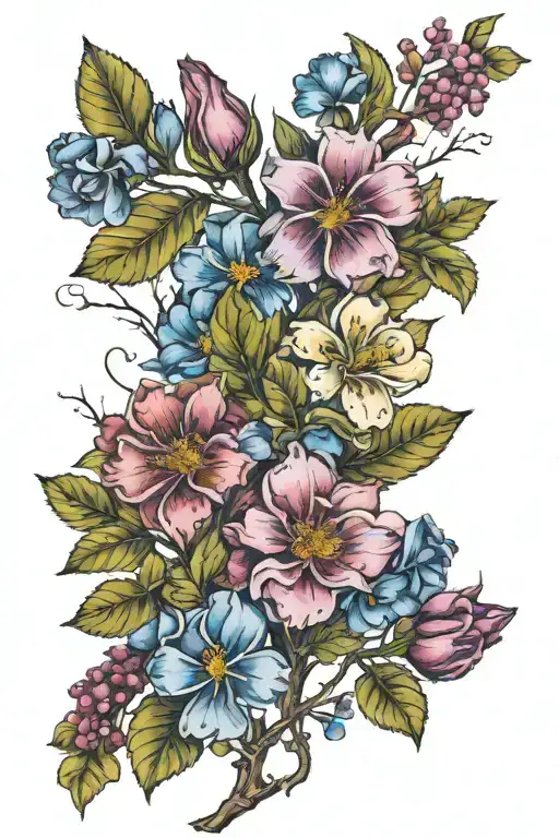 Five Colored Flowers With Tree Branch Representing A Different