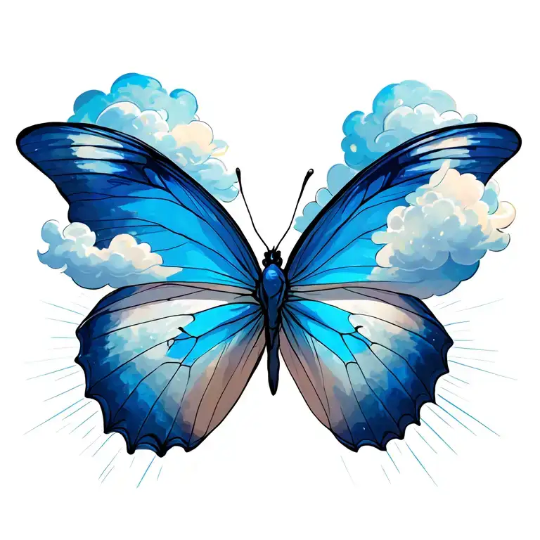 Blue Butterfly With Clouds And Rays