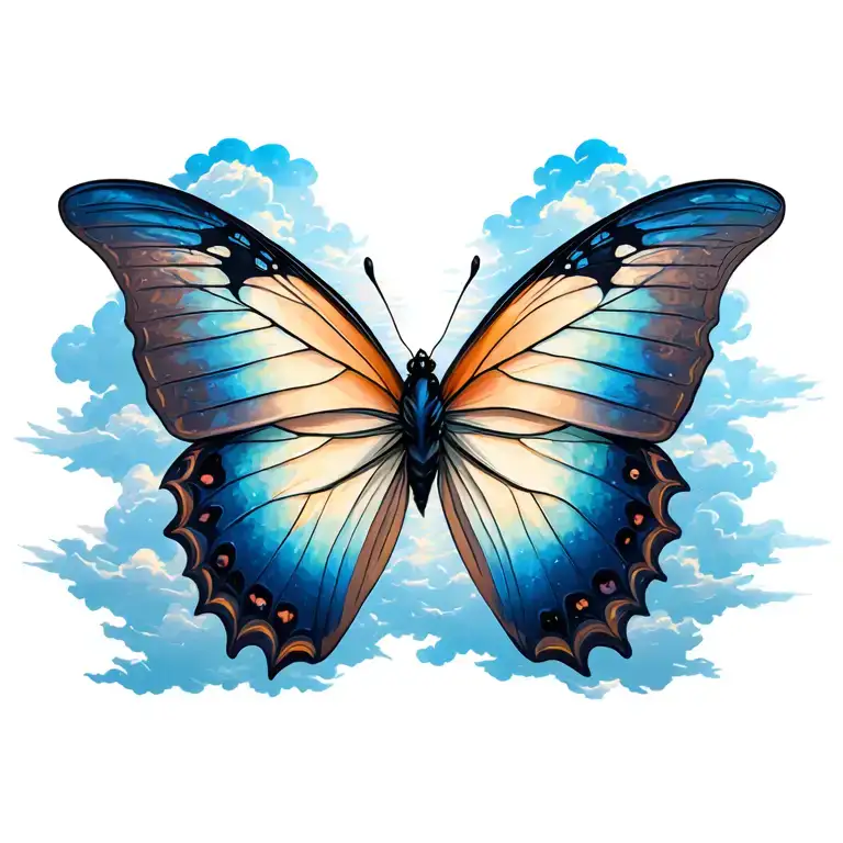 Butterfly With Clouds And Background Rays