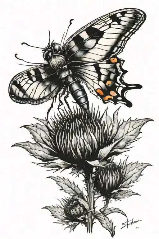 Scottish Thistle And Dragonfly Hovering