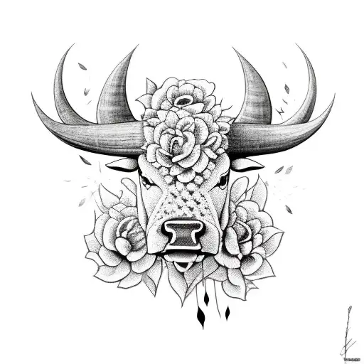 Aggressive Bull With Flowers Black And White
