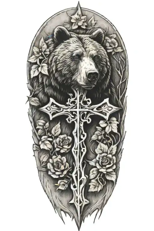 Cross Tattoo With Bear
