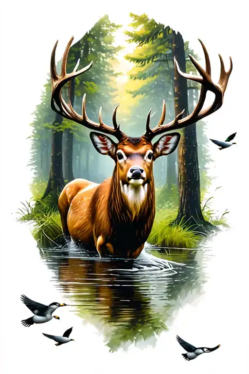 Whitetail Deer With Flying Ducks Flying In A Forest Landscape