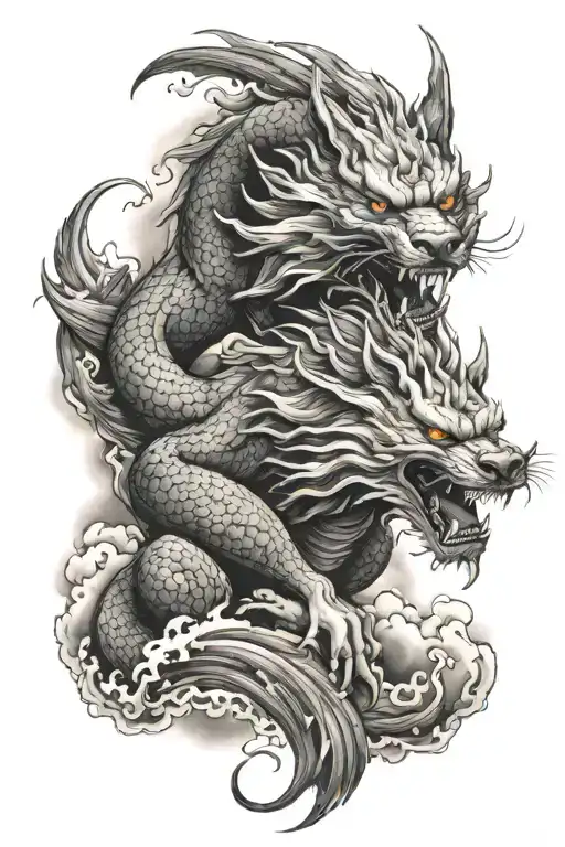 Japanese Dragon Wrapped Around A Wolf With Storm Clouds In The Back