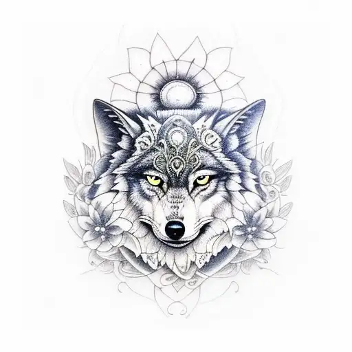 Moon Wolf And Flowers