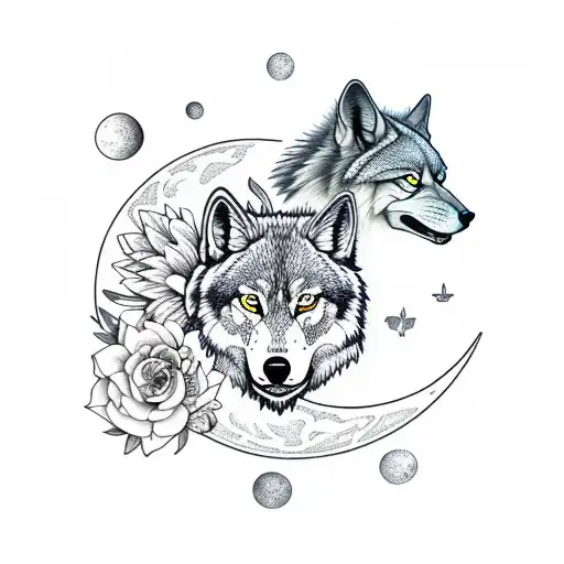 Moon Wolf And Flowers