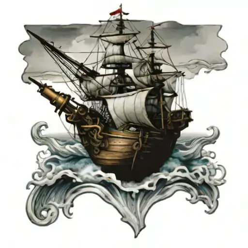 Nautical Theme With Ship And Cannon Ball