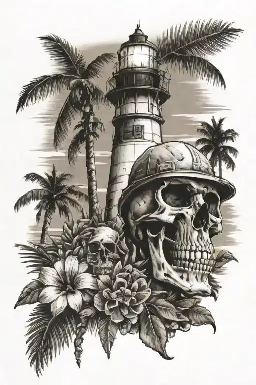 Light House With Palm Trees And Skull With Hard Hat