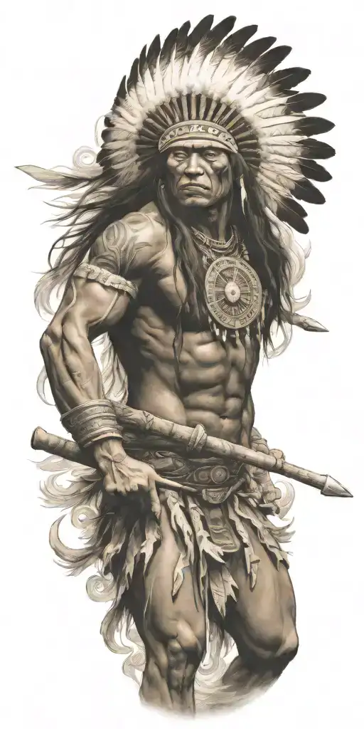 Native American Warrior Battling Fierce Waves And Dark