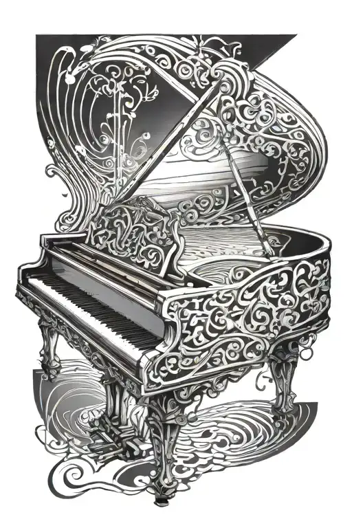 A Detailed Portrait Of A Grand Piano With Musical Notes Swirling Around It
