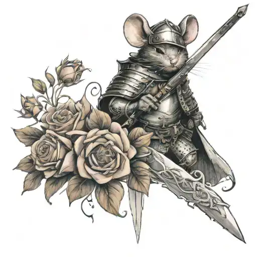 Mouse Knight With Sword Surrounded By Roses