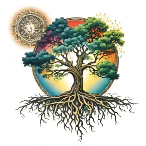 Tree Of Life In Full Colour With A Sun In The Background And Full Roots