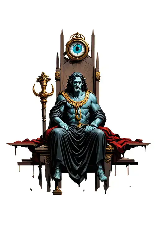 Hades Greek Good Sitting On Throne With Broken Clocks And The All Seeing Eye