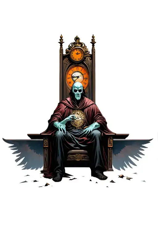 Hades Sitting On Throne Waiting With Broken Clocks And The All Seeing Eye
