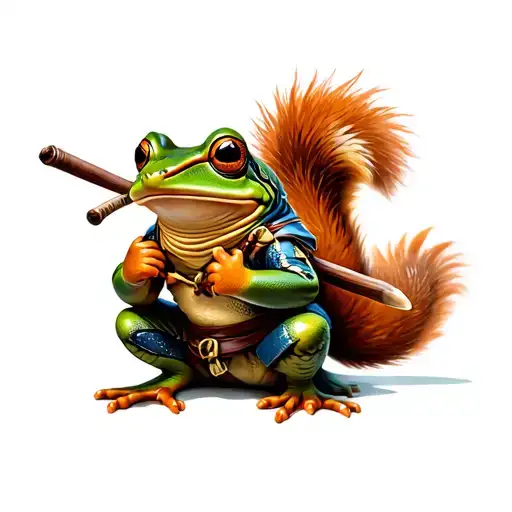 Ninja Squirrel Versus Samurai Frog Sitting