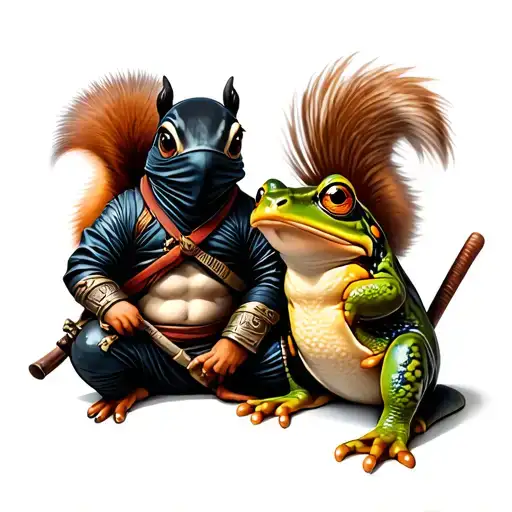 Ninja Squirrel Versus Samurai Frog Sitting
