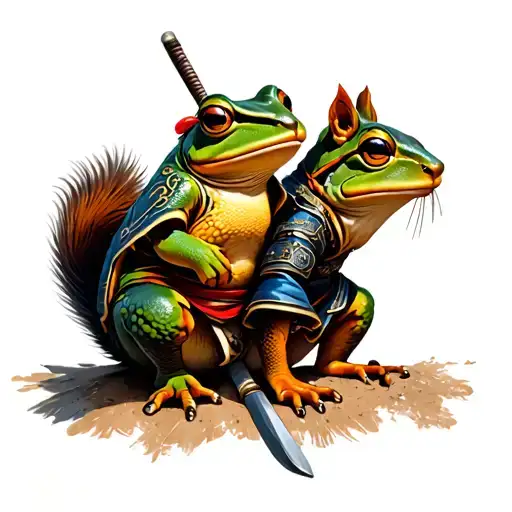 Ninja Squirrel Versus Samurai Frog Sitting