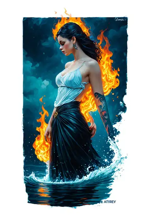 Woman With Arm On Fire And Arm On Water Flowing