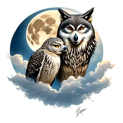 Owl And A Wolf With Moon And Clouds