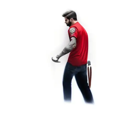 A Man In A Red Shirt Holding A Bat